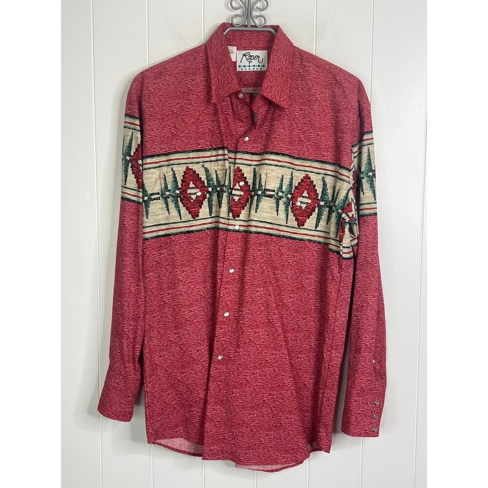 Vintage Roper Pearl Snap‎ Aztec Red Long Sleeve Shirt Size Large